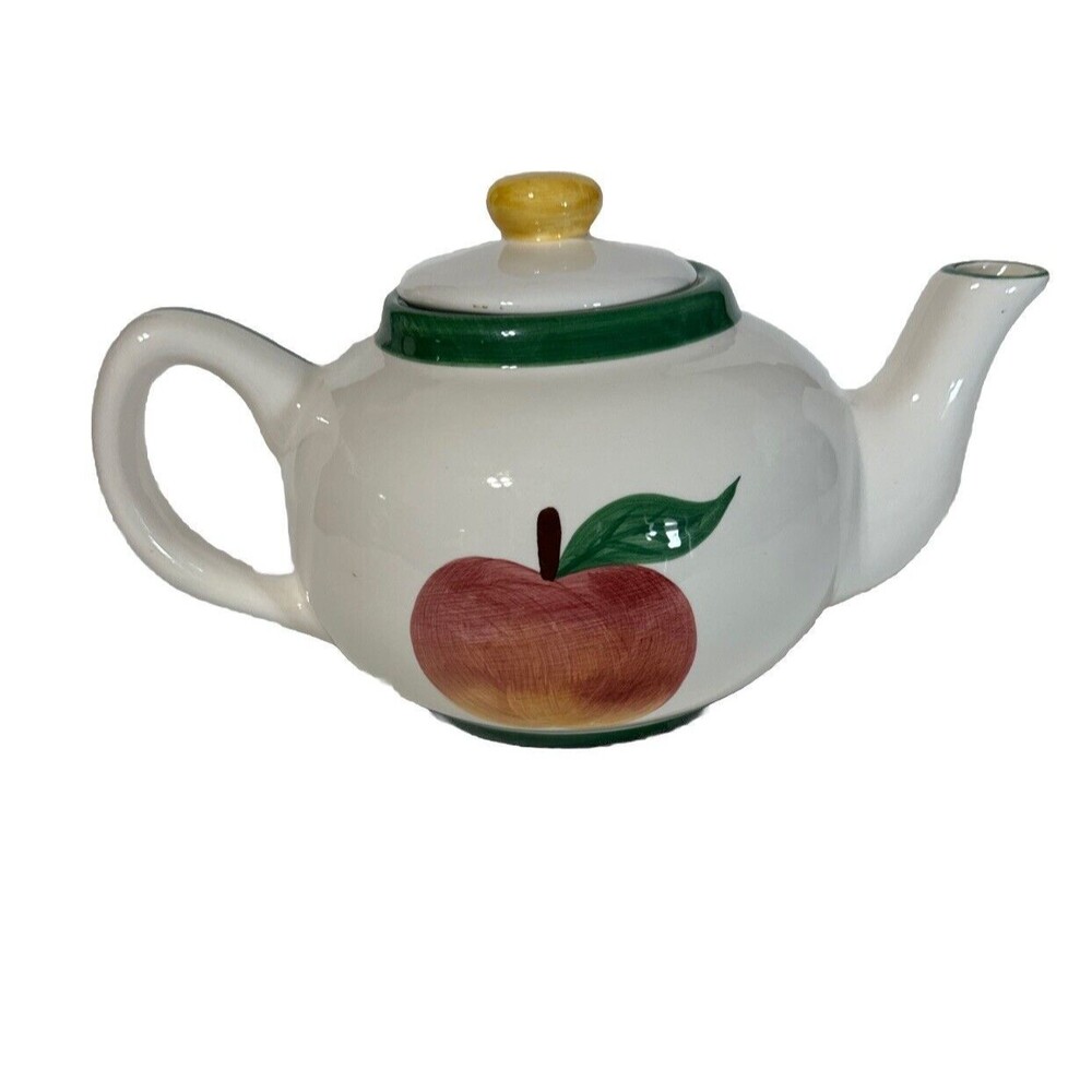 Asia Master Group White Ceramic Apple Teapot With Lid Green Rim Vintage